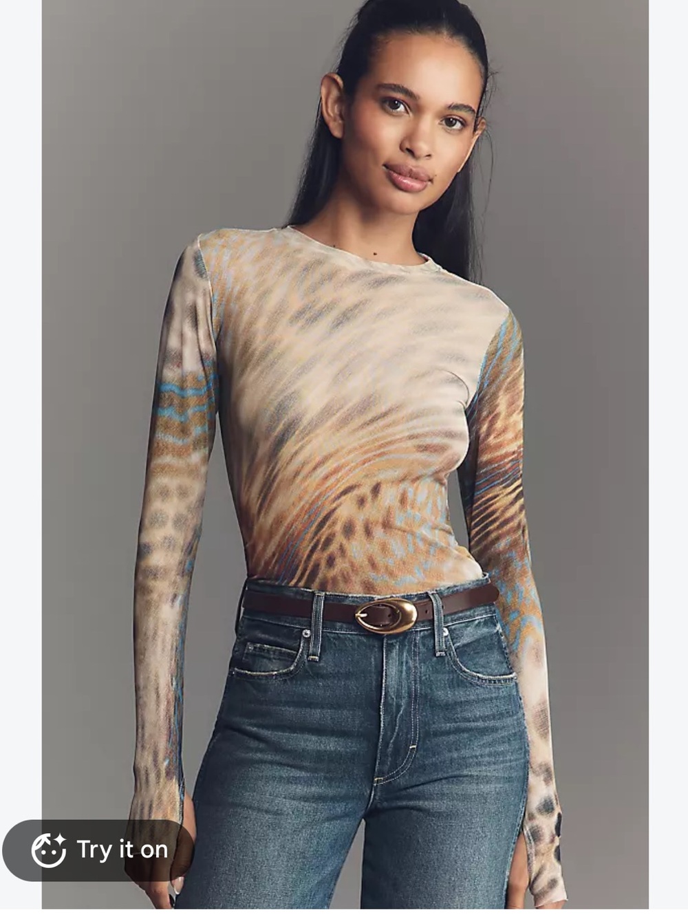 AFRM Sheer Mesh Long Sleeve Top Animal Print Thumb Holes Size Large